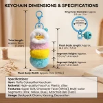 Close-up of fluffy worm monster keychain showing hand-stitched smiley face and soft faux fur texture.