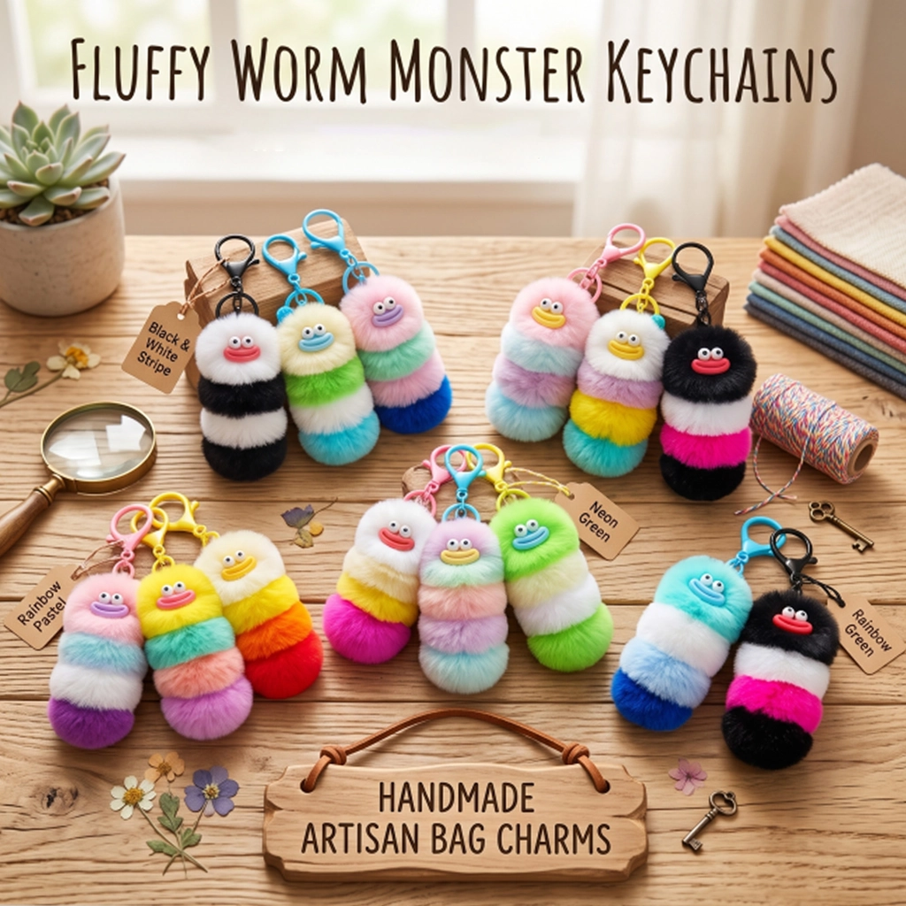 Close-up of fluffy worm monster keychain showing hand-stitched smiley face and soft faux fur texture.
