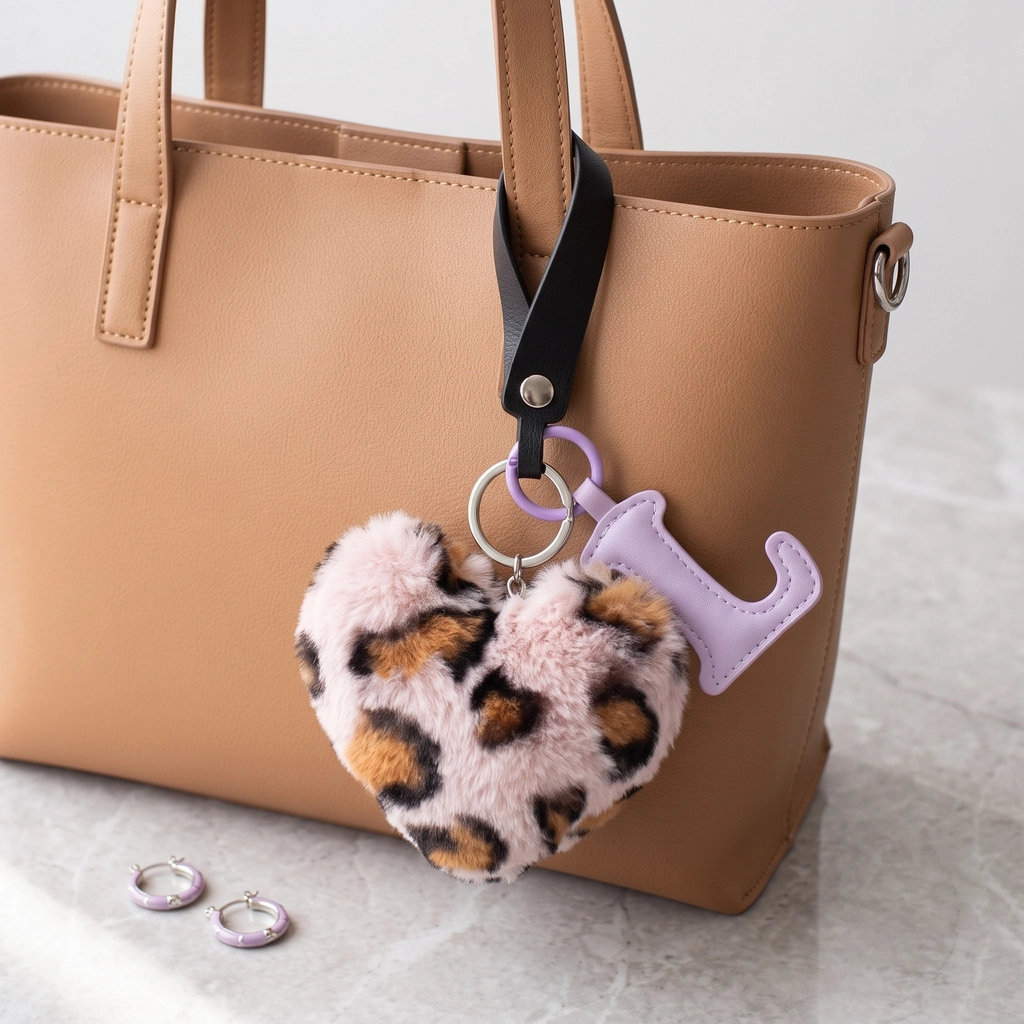 Close-up of the initial heart keychain showing leopard faux fur heart and stitched PU leather letter.
