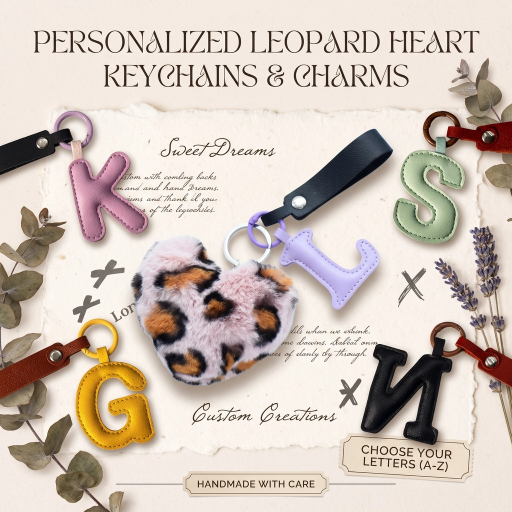 Close-up of the initial heart keychain showing leopard faux fur heart and stitched PU leather letter.