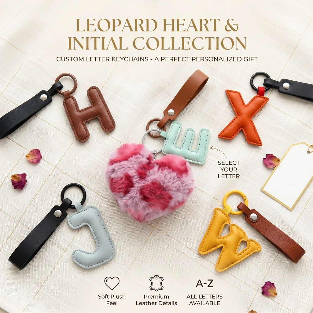 Close-up of the initial letter keychain showing stitched PU leather letter and leopard faux fur heart.