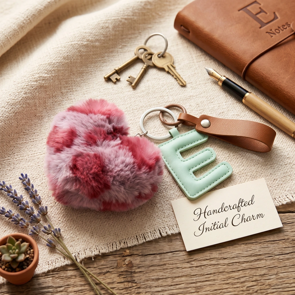 Close-up of the initial letter keychain showing stitched PU leather letter and leopard faux fur heart.