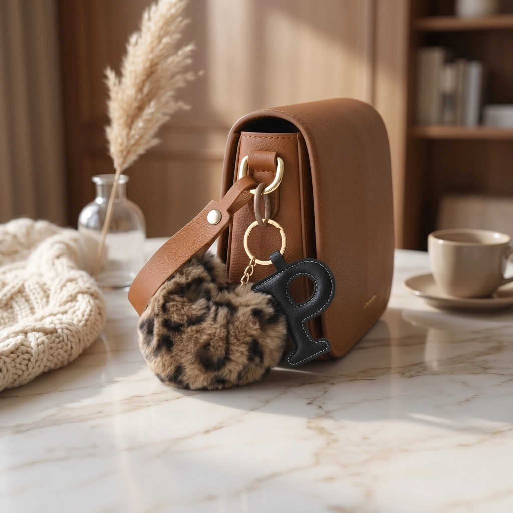 Close-up of the leather initial keychain showing leopard faux fur heart and stitched genuine leather letter.