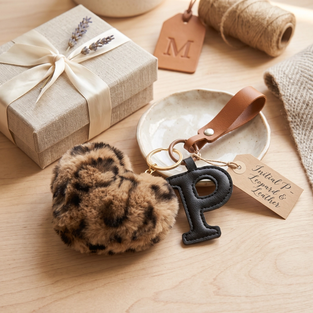 Close-up of the leather initial keychain showing leopard faux fur heart and stitched genuine leather letter.