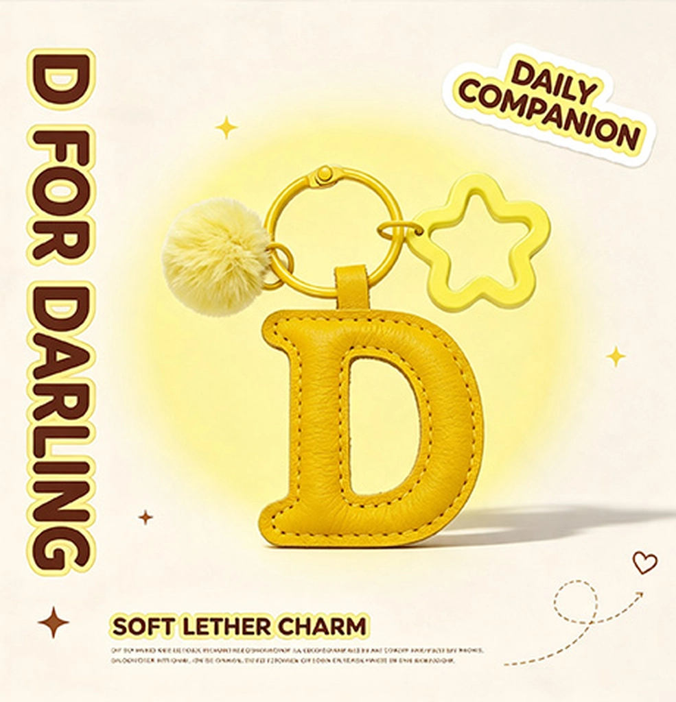 Close-up of the Letter D keychain showing padded sunny yellow PU leather and soft faux fur pom pom.