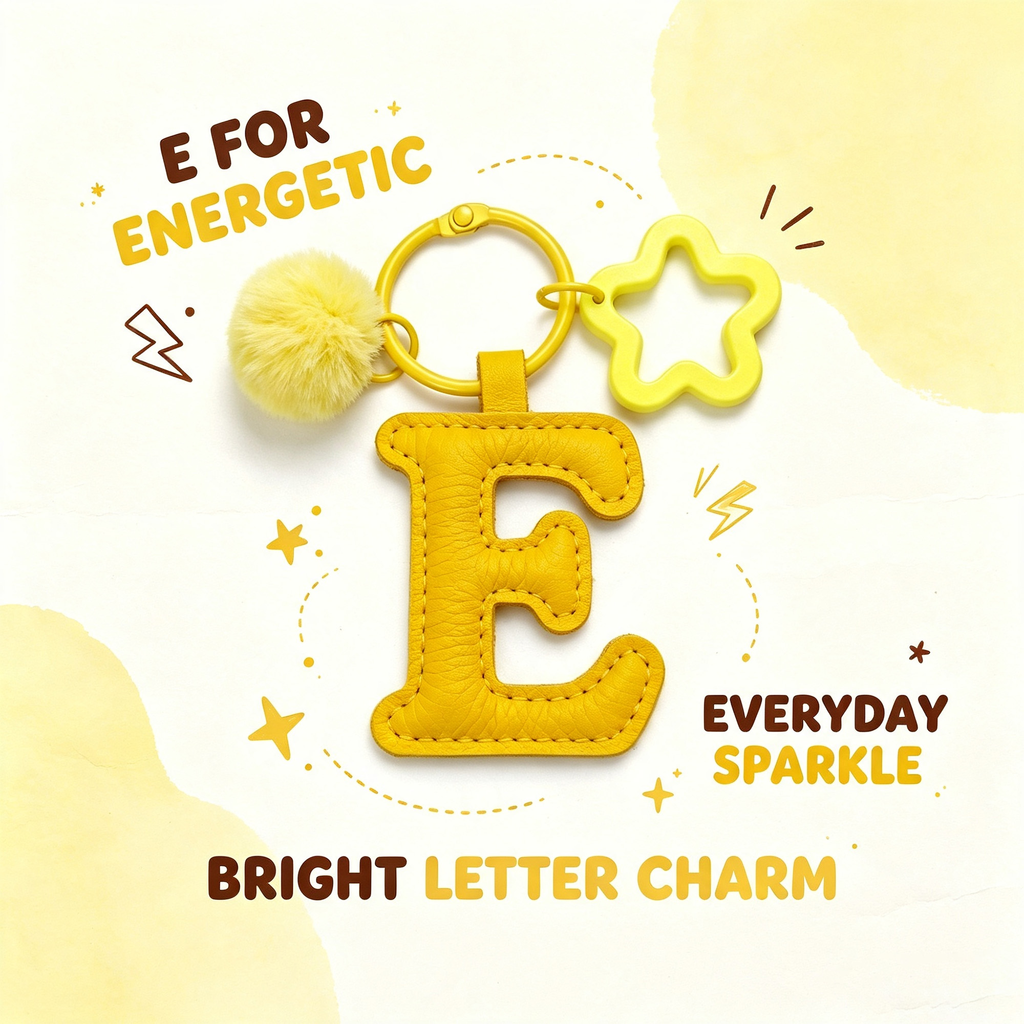 Letter E keychain with padded sunny yellow PU leather initial, faux fur pom pom, and hollow star on a backpack.01 Close-up of the Letter E keychain showing padded sunny yellow PU leather and soft faux fur pom pom.