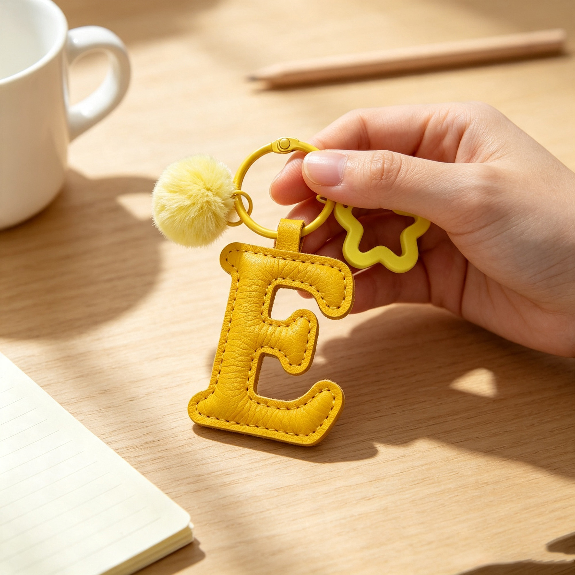 Letter E keychain with padded sunny yellow PU leather initial, faux fur pom pom, and hollow star on a backpack.02 Close-up of the Letter E keychain showing padded sunny yellow PU leather and soft faux fur pom pom.