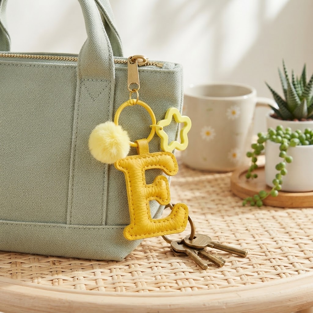 Letter E keychain with padded sunny yellow PU leather initial, faux fur pom pom, and hollow star on a backpack.03 Close-up of the Letter E keychain showing padded sunny yellow PU leather and soft faux fur pom pom.