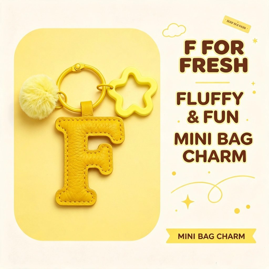 Close-up of the Letter F keychain showing padded sunny yellow PU leather and soft faux fur pom pom.
