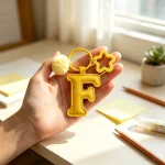 Close-up of the Letter F keychain showing padded sunny yellow PU leather and soft faux fur pom pom.