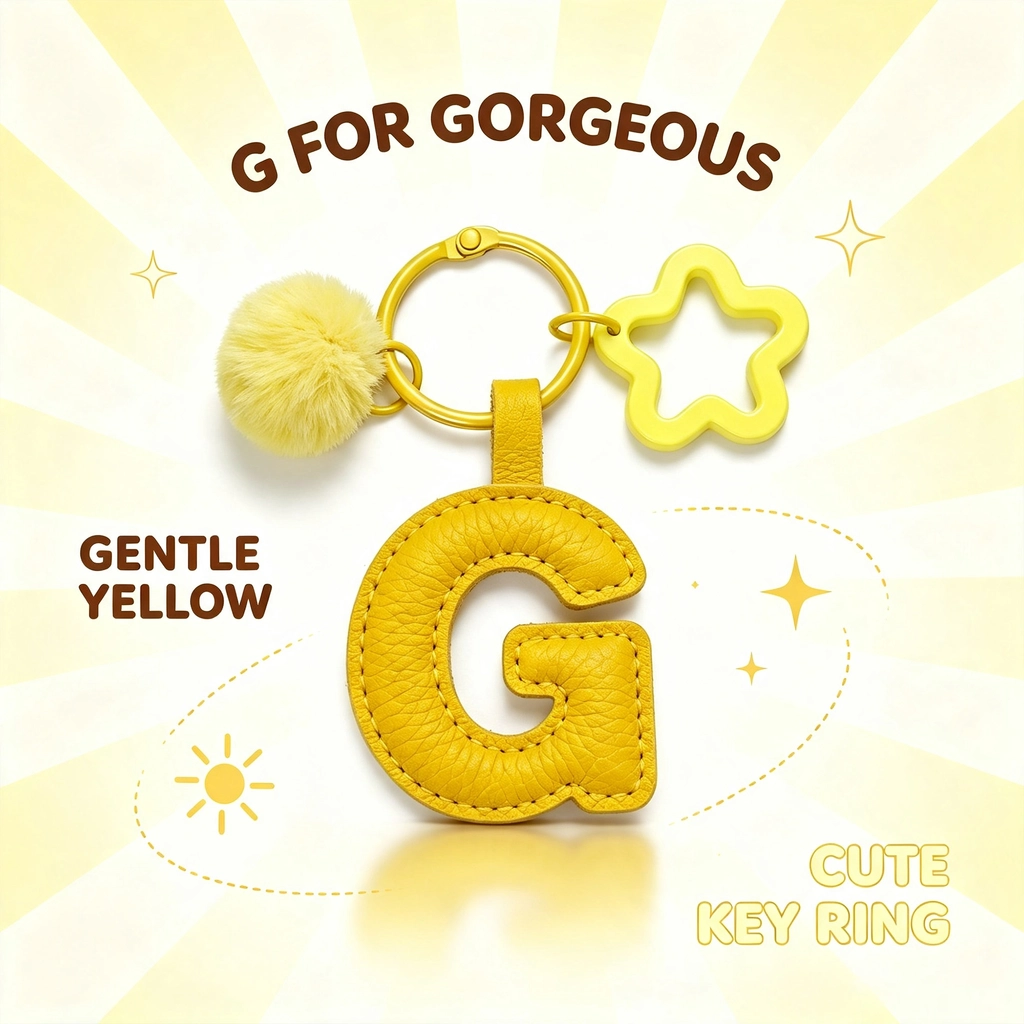 Close-up of the Letter G keychain showing padded gentle yellow PU leather and soft faux fur pom pom.
