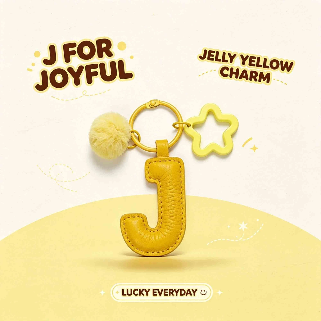 Close-up of the Letter J keychain showing padded jelly yellow PU leather and soft faux fur pom pom.