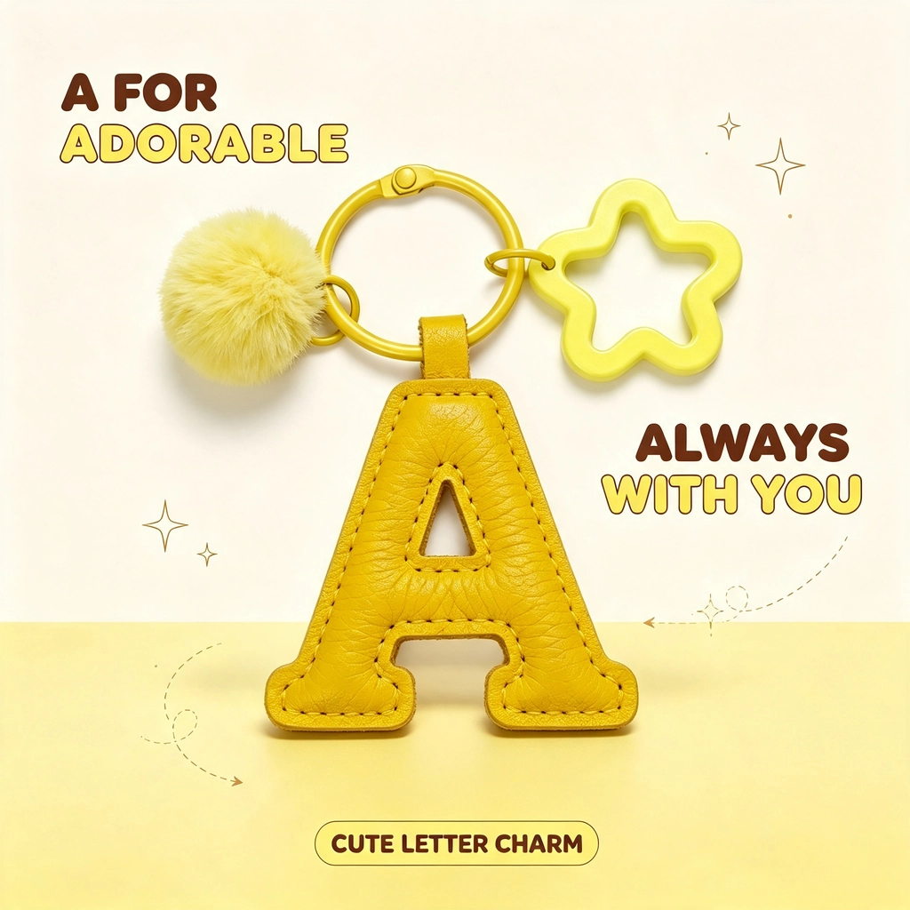 Close-up of the letter pom pom keychain showing stitched yellow PU leather letter and faux fur pom pom.