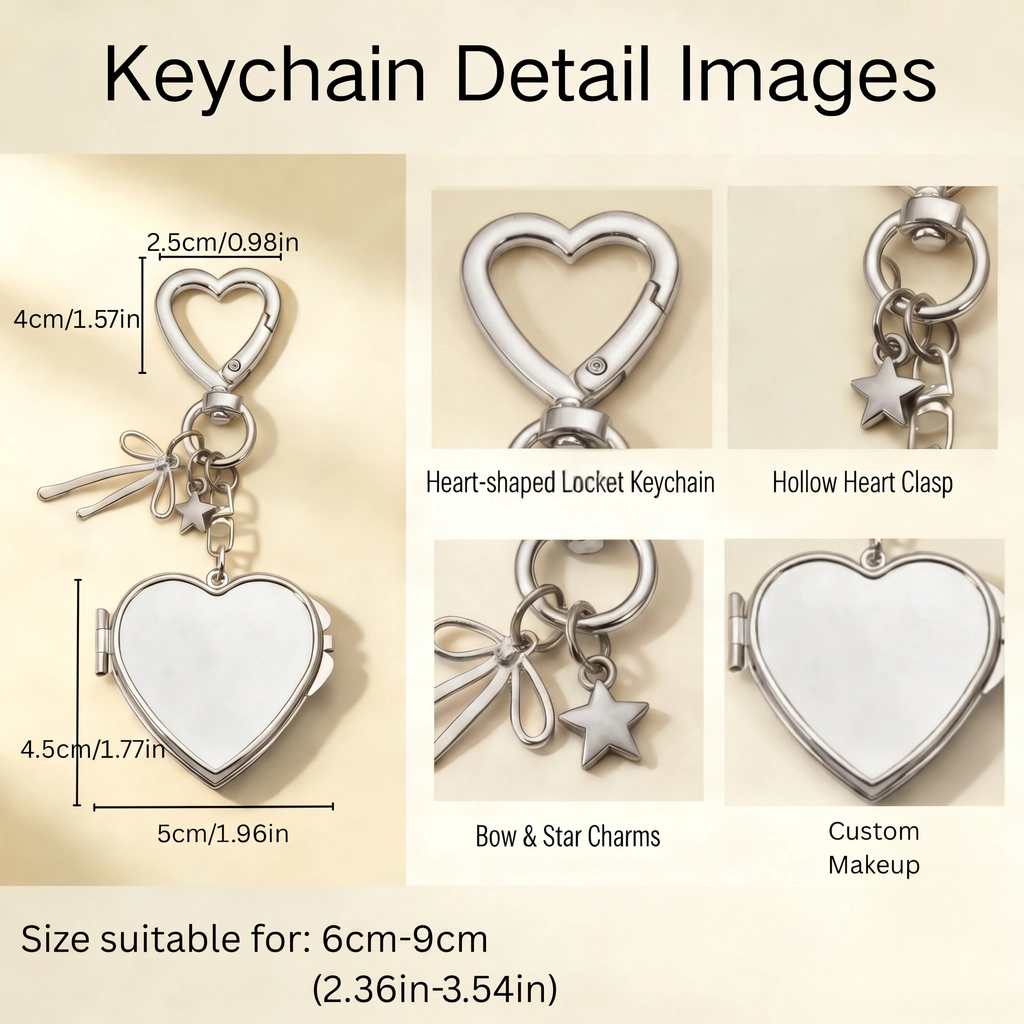 Open folding compact mirror inside the silver heart mirror keychain showing clear HD glass.