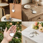 Open folding compact mirror inside the silver heart mirror keychain showing clear HD glass.