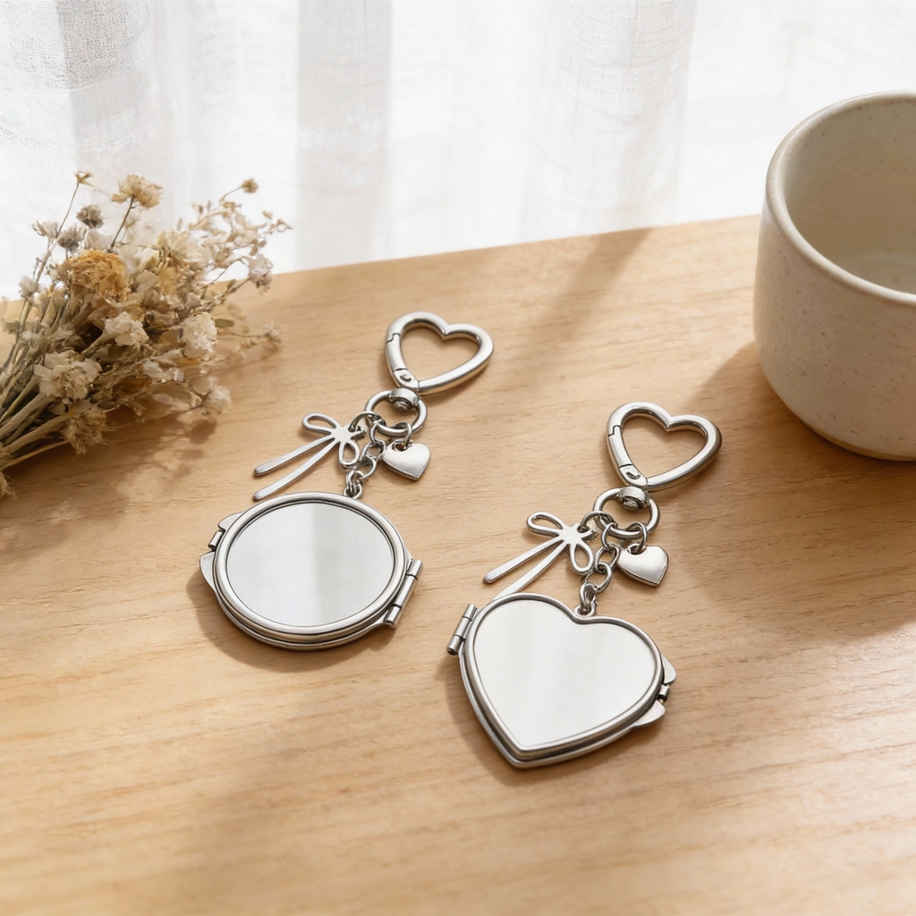 Open folding compact mirror inside the silver heart mirror keychain showing clear HD glass.