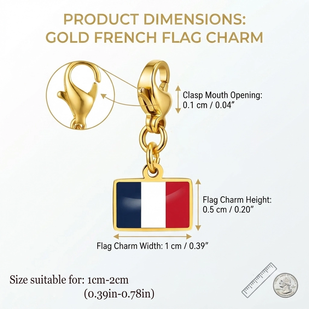 Close-up of the travel flag charm showing glossy epoxy resin surface and gold plated edge.