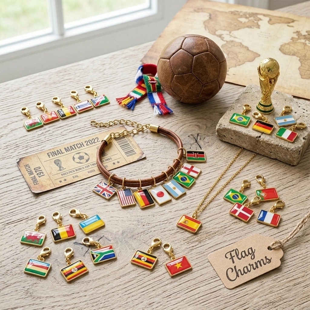 Close-up of the travel flag charm showing glossy epoxy resin surface and gold plated edge.