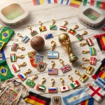 Close-up of the travel flag charm showing glossy epoxy resin surface and gold plated edge.