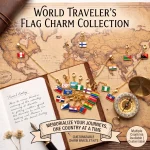 Close-up of enamel country flag charms and gold clasps in travel bracelet kit.
