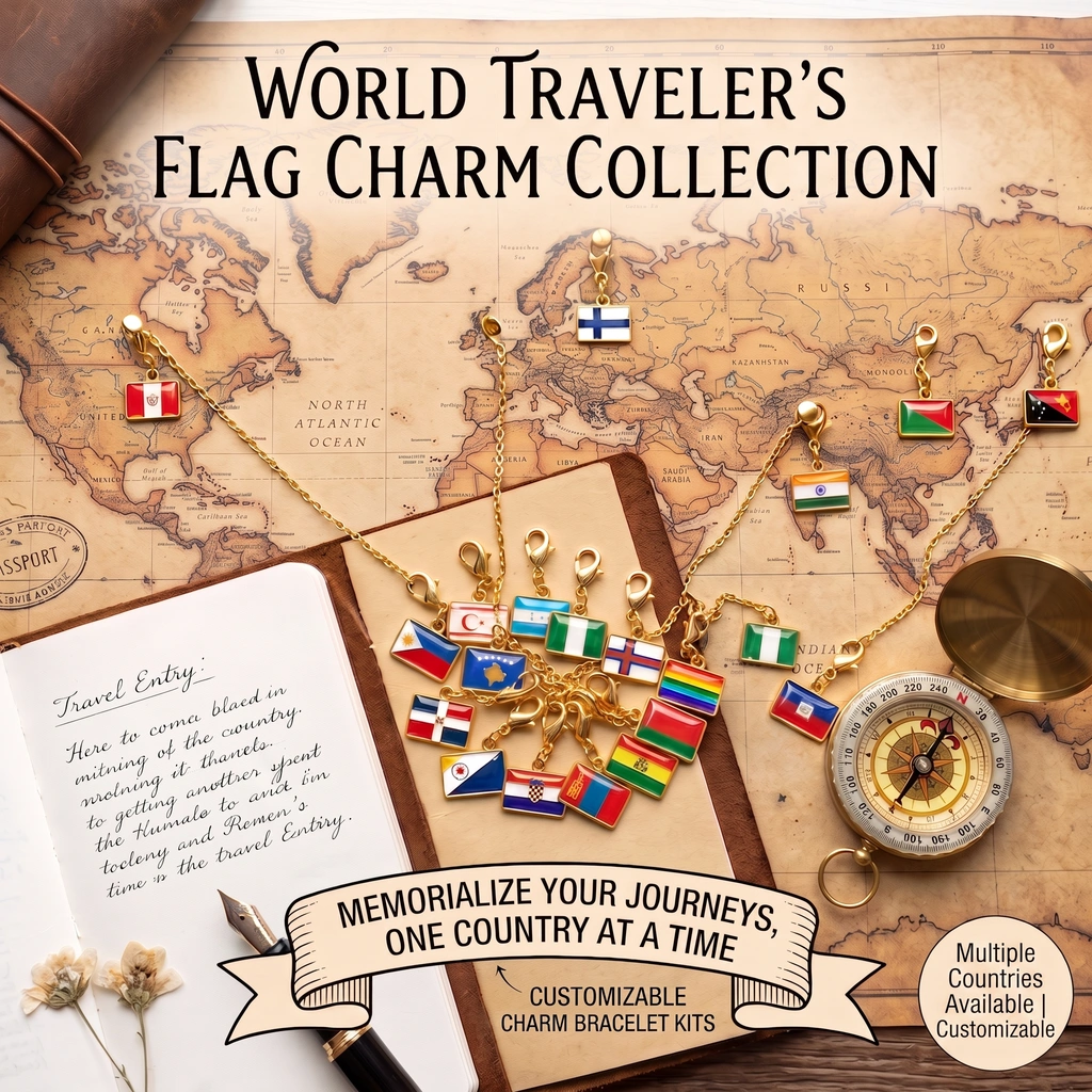 Close-up of enamel country flag charms and gold clasps in travel bracelet kit.