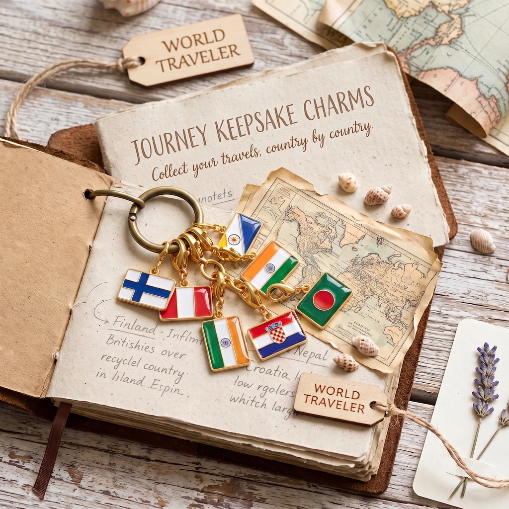 World traveler flag charm bracelet kit with gold chain and multiple country flag charms on vintage map background.