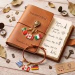 World traveler flag charm bracelet kit with gold chain and multiple country flag charms on vintage map background.