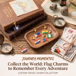 World traveler flag charm bracelet kit with gold chain and multiple country flag charms on vintage map background.