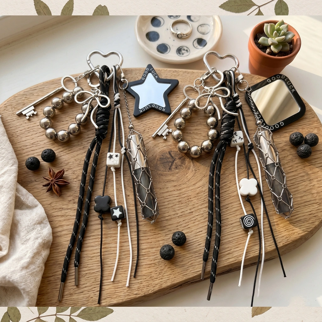 Vintage braided keychain with antique silver charms and star mirror, black and white paracord bag charm.