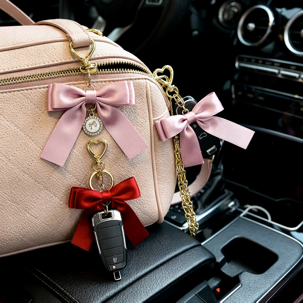Gold Lip Gloss Bag Charm with Satin Bow and Heart Mirror, Portable Lipstick Cage Keychain Gift