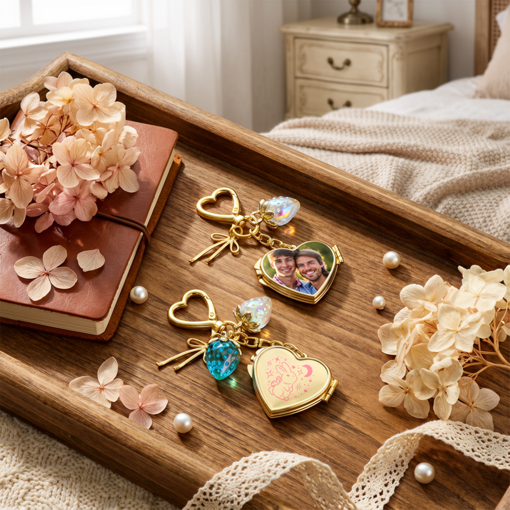 8 color variations of gold heart locket keychain with cute strawberry charms.