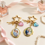 Personalized star locket keychain with custom golden retriever photo and cute strawberry charm.