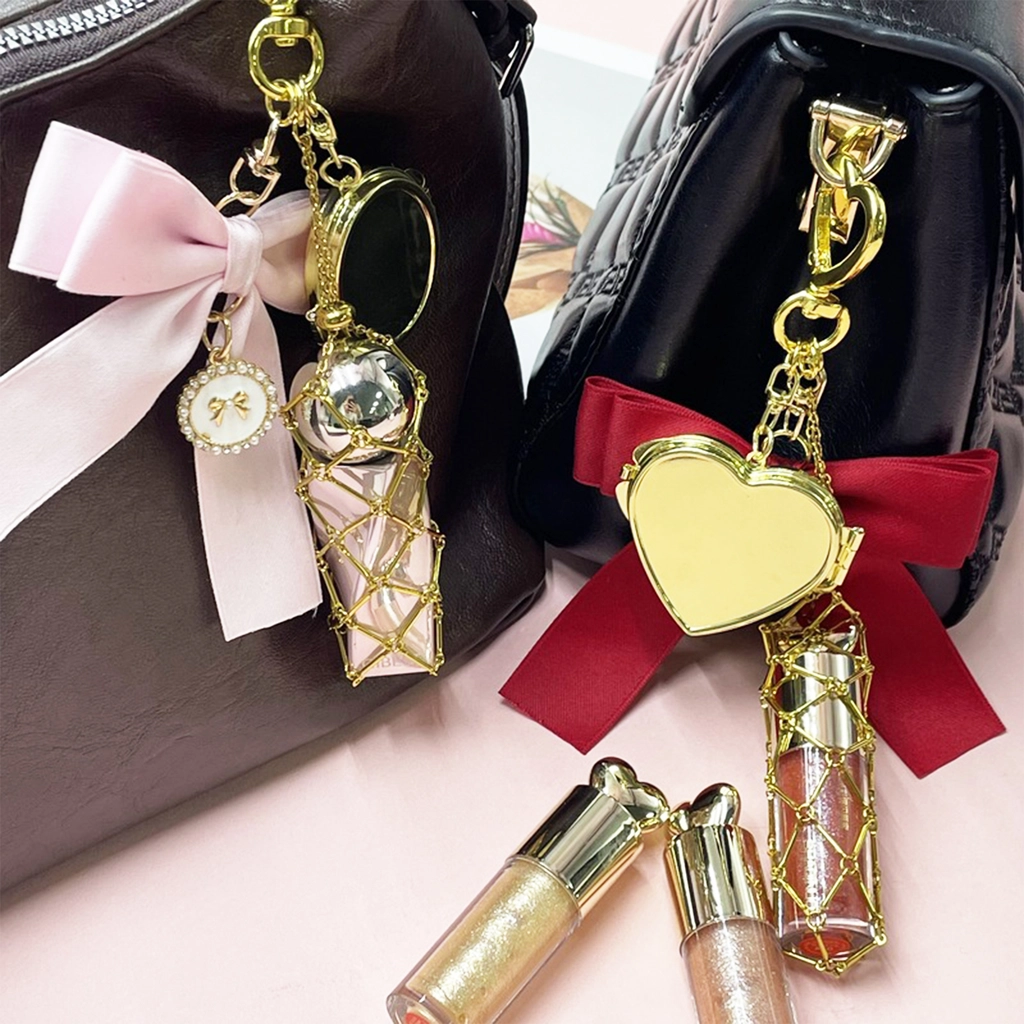 Gold Lip Gloss Bag Charm with Satin Bow and Heart Mirror, Portable Lipstick Cage Keychain Gift