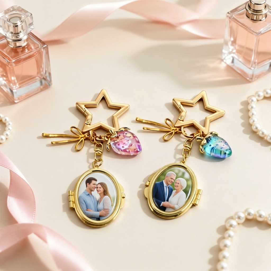 Custom Star Locket Keychain Cute Strawberry Charm Personalized star locket keychain with custom golden retriever photo and cute strawberry charm.