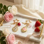 Personalized star locket keychain with custom golden retriever photo and cute strawberry charm.
