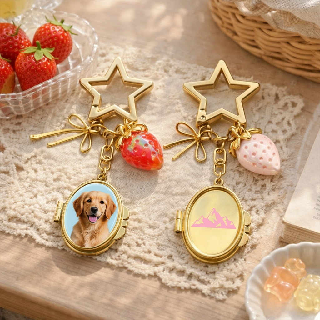 Personalized star locket keychain with custom golden retriever photo and cute strawberry charm.