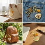 8 color variations of gold heart locket keychain with cute strawberry charms.