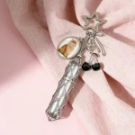 Silver Lip Gloss Bag Charm with Star Clasp, Custom Photo Frame and Mirror, Cherry Bead