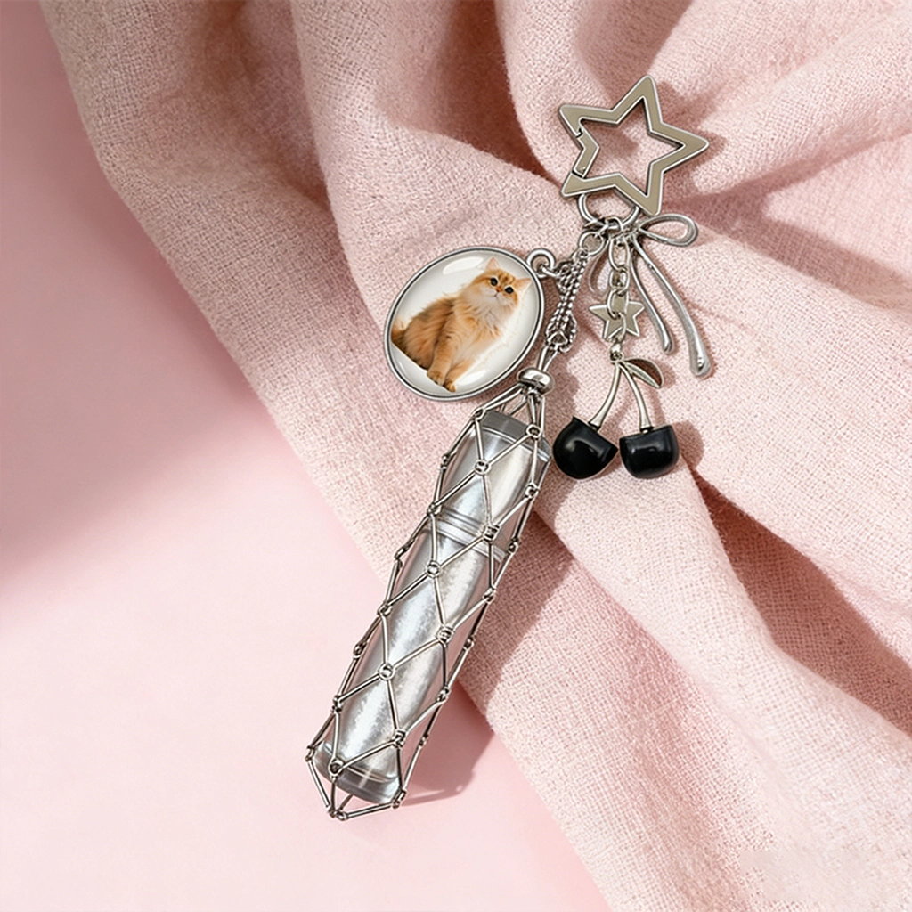Silver Lip Gloss Bag Charm with Star Clasp, Custom Photo Frame and Mirror, Cherry Bead