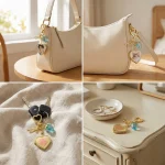 8 color variations of gold heart locket keychain with cute strawberry charms.