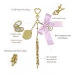 Gold Lip Gloss Bag Charm with Satin Bow and Heart Mirror, Portable Lipstick Cage Keychain Gift