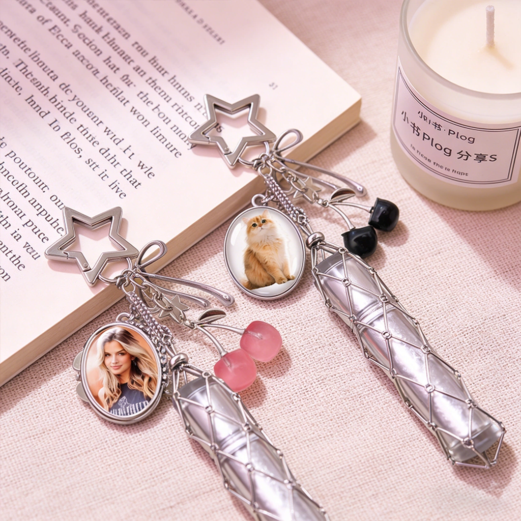 Silver Lip Gloss Bag Charm with Star Clasp, Custom Photo Frame and Mirror, Cherry Bead