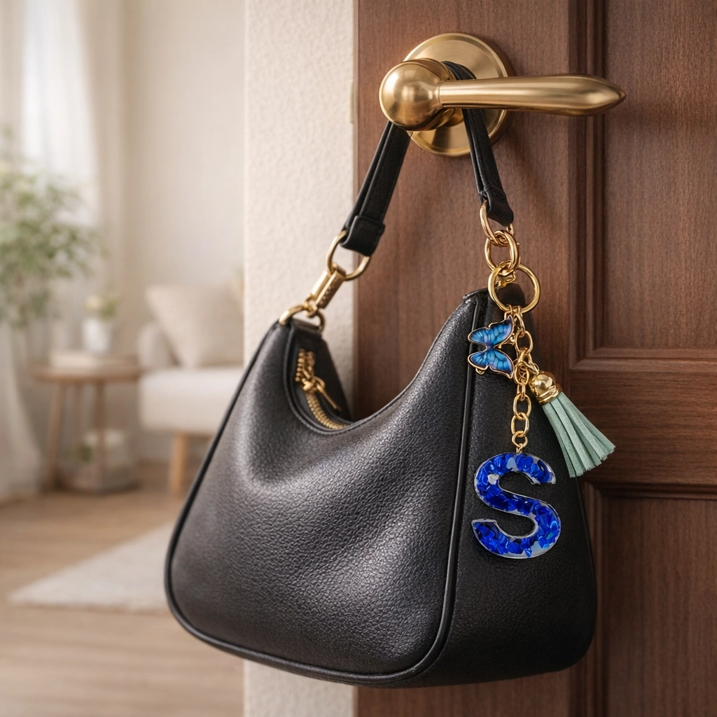 Blue glitter letter O keychain with butterfly and tassel (LOVE collection).