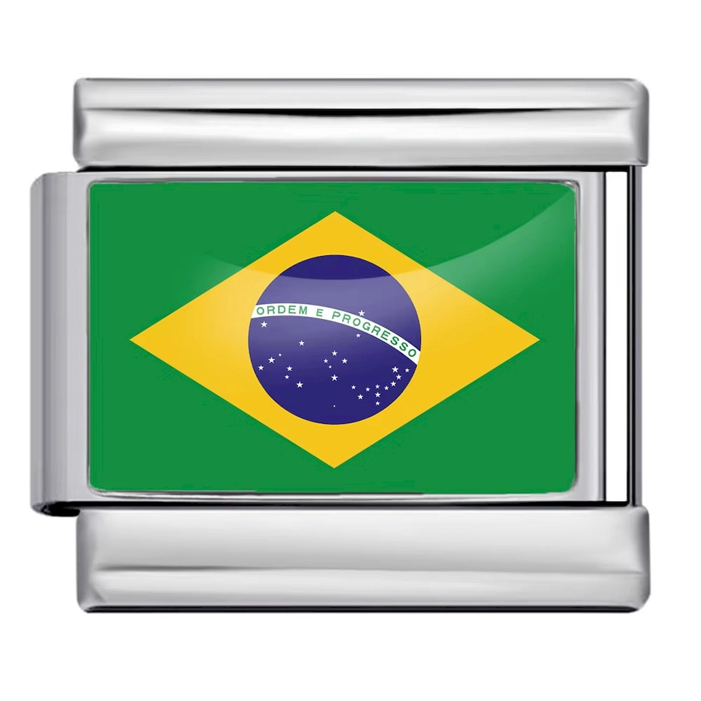Silver Brazil Flag Italian Bracelet Module - Glossy Finish