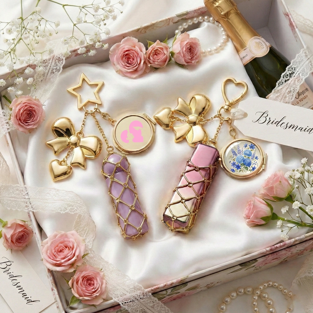Personalized Lipstick Bag Charm - Gold Bow & Floral Resin for Wedding