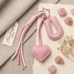 Personalized initial heart keychain in pink PU leather with 26 letters cutout.