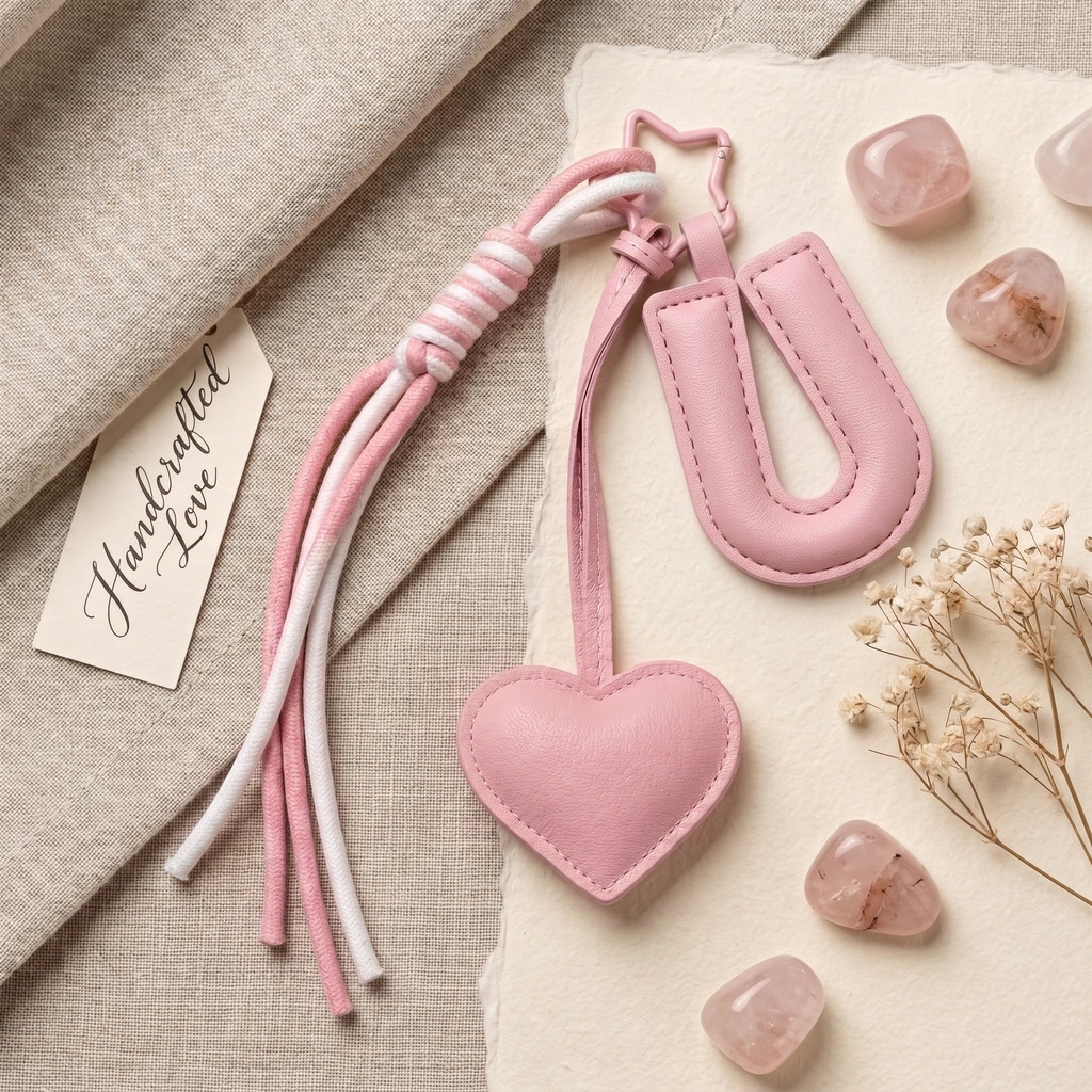 Personalized initial heart keychain in pink PU leather with 26 letters cutout.