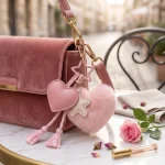 Pink Heart Keychain with Faux Fur Pom Pom, PU Leather Tassel and Starfish Charm