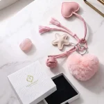 Pink Heart Keychain with Faux Fur Pom Pom, PU Leather Tassel and Starfish Charm