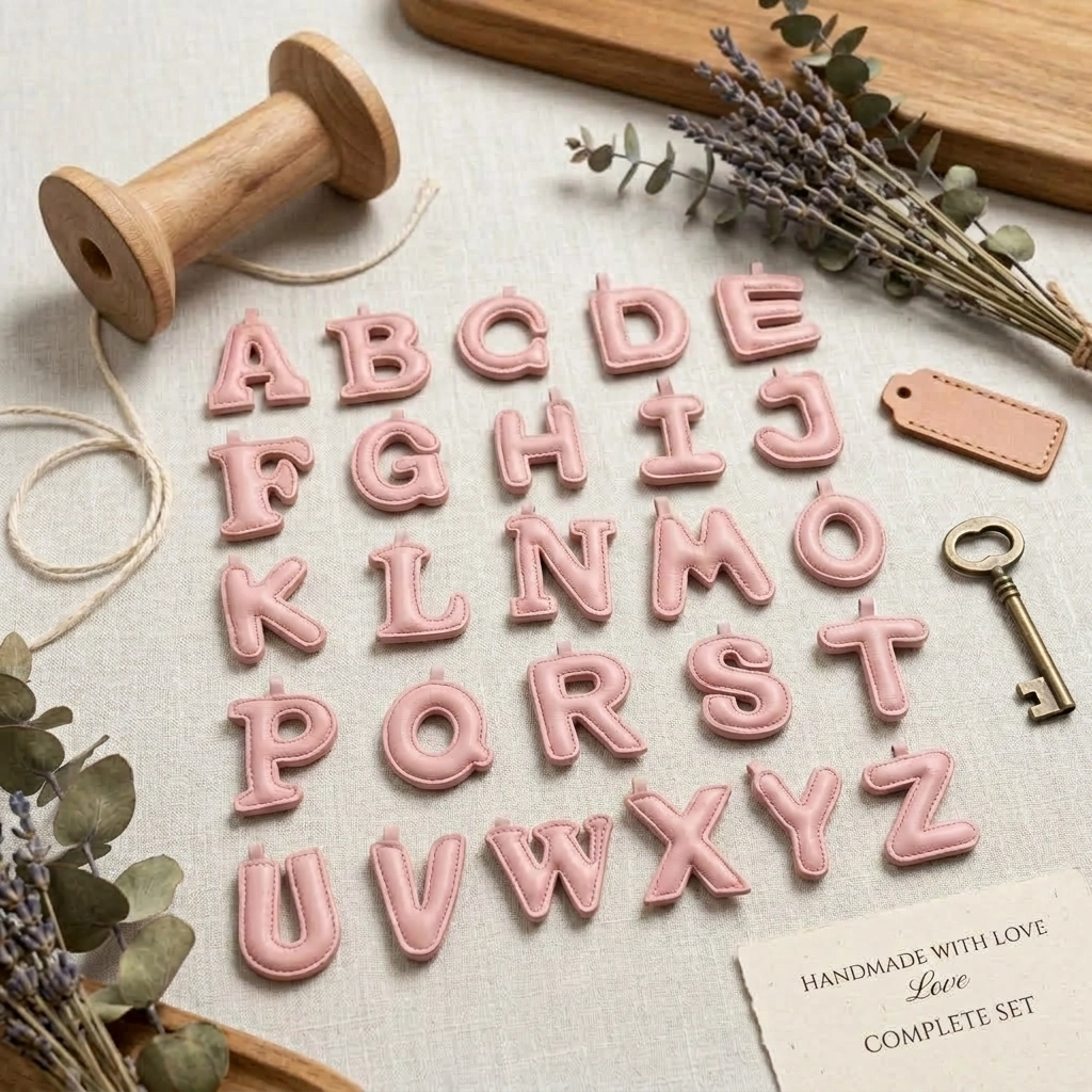 Pink Puffy Faux Leather Letter Charms A-Z Set 3D Stitched